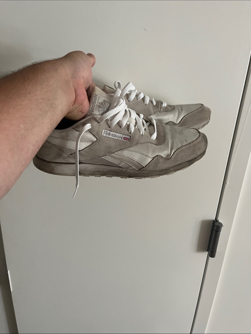 Reebok Taupe and White Retro Running Sneakers